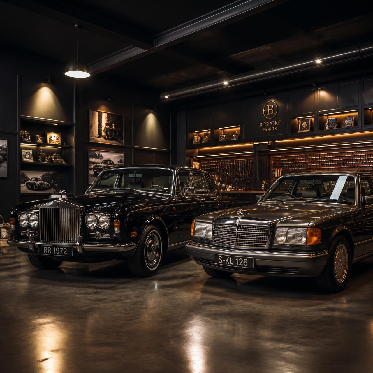 Vintage Rolls-Royce and Mercedes inside Castec's workshop