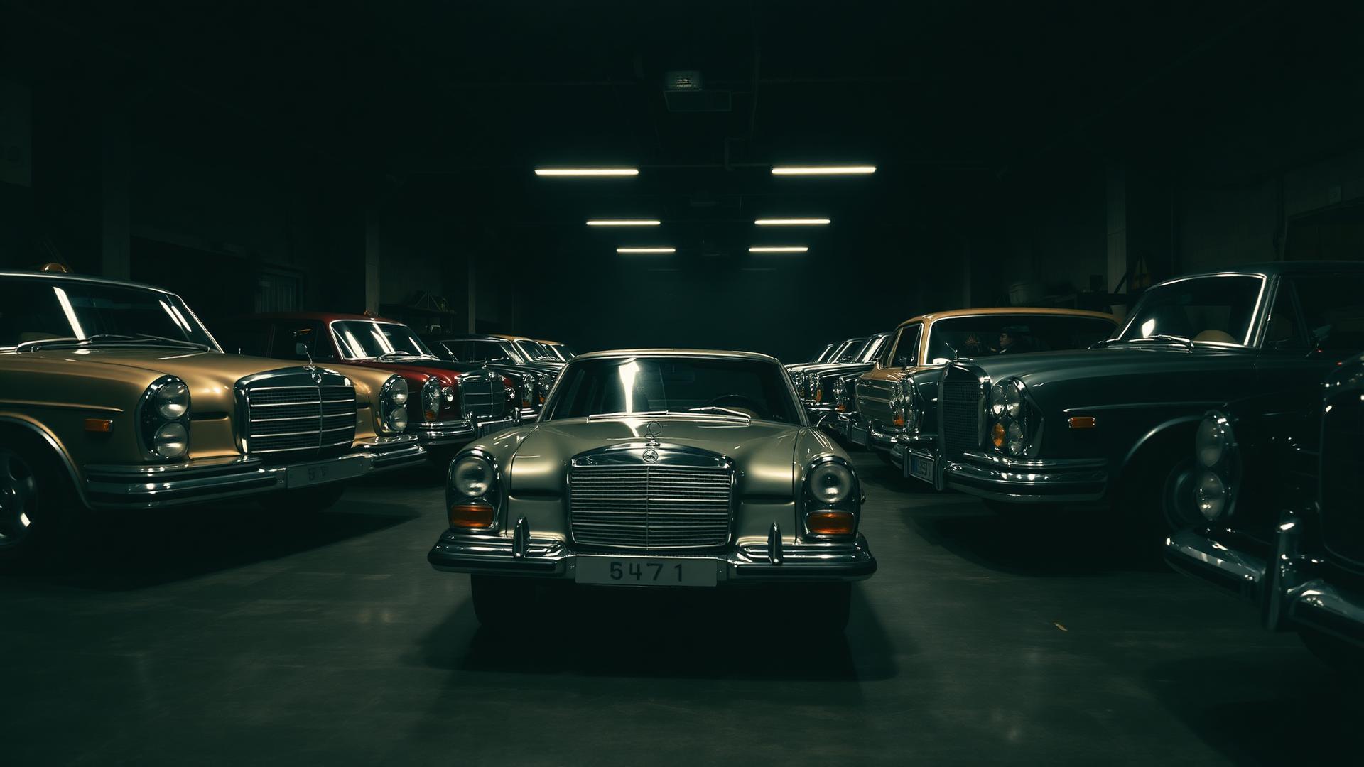 Classic vintage Mercedes-Benz cars in a luxury workshop