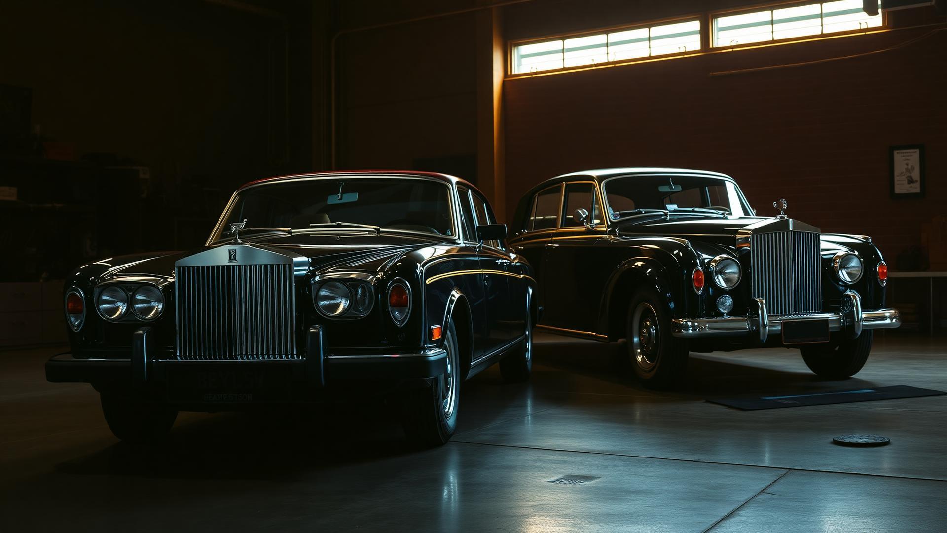 Vintage Rolls-Royce and Bentley in a luxury workshop