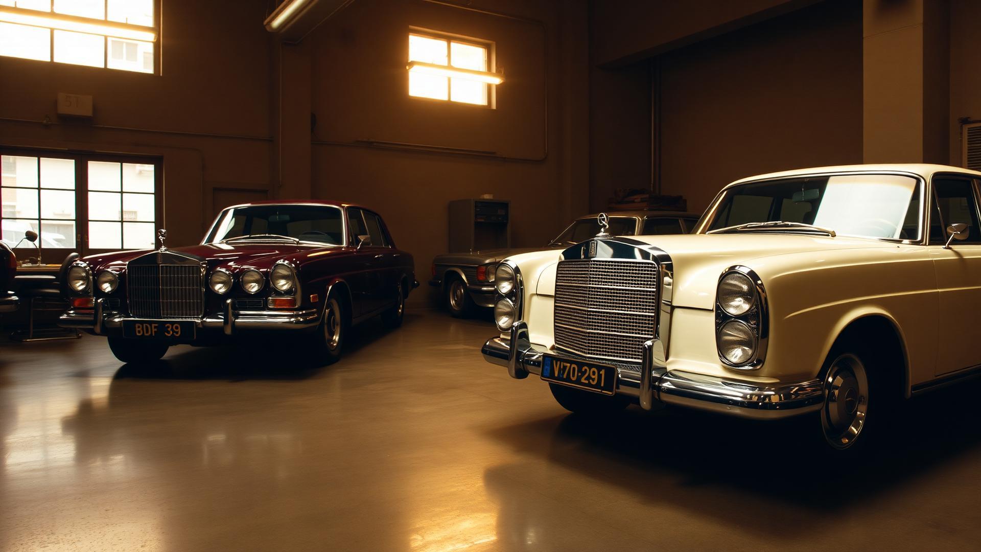 Classic Rolls-Royce and Mercedes-Benz in a dark luxury workshop